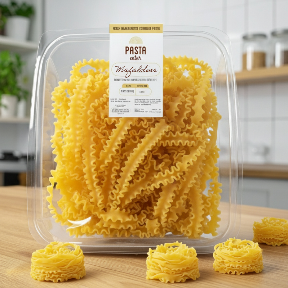 Packaged pasta with a label on a kitchen counter