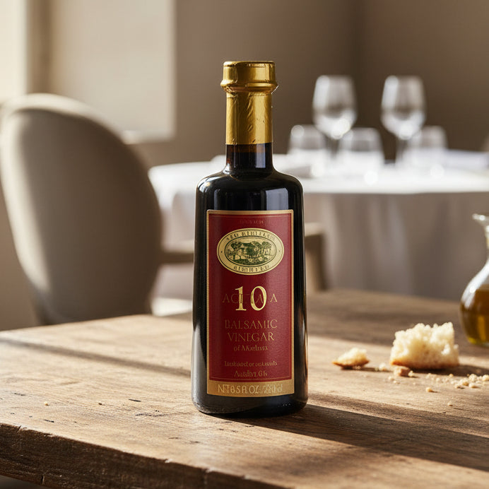 Bottle of La Bella 10 year aged balsamic vinegar on a white background