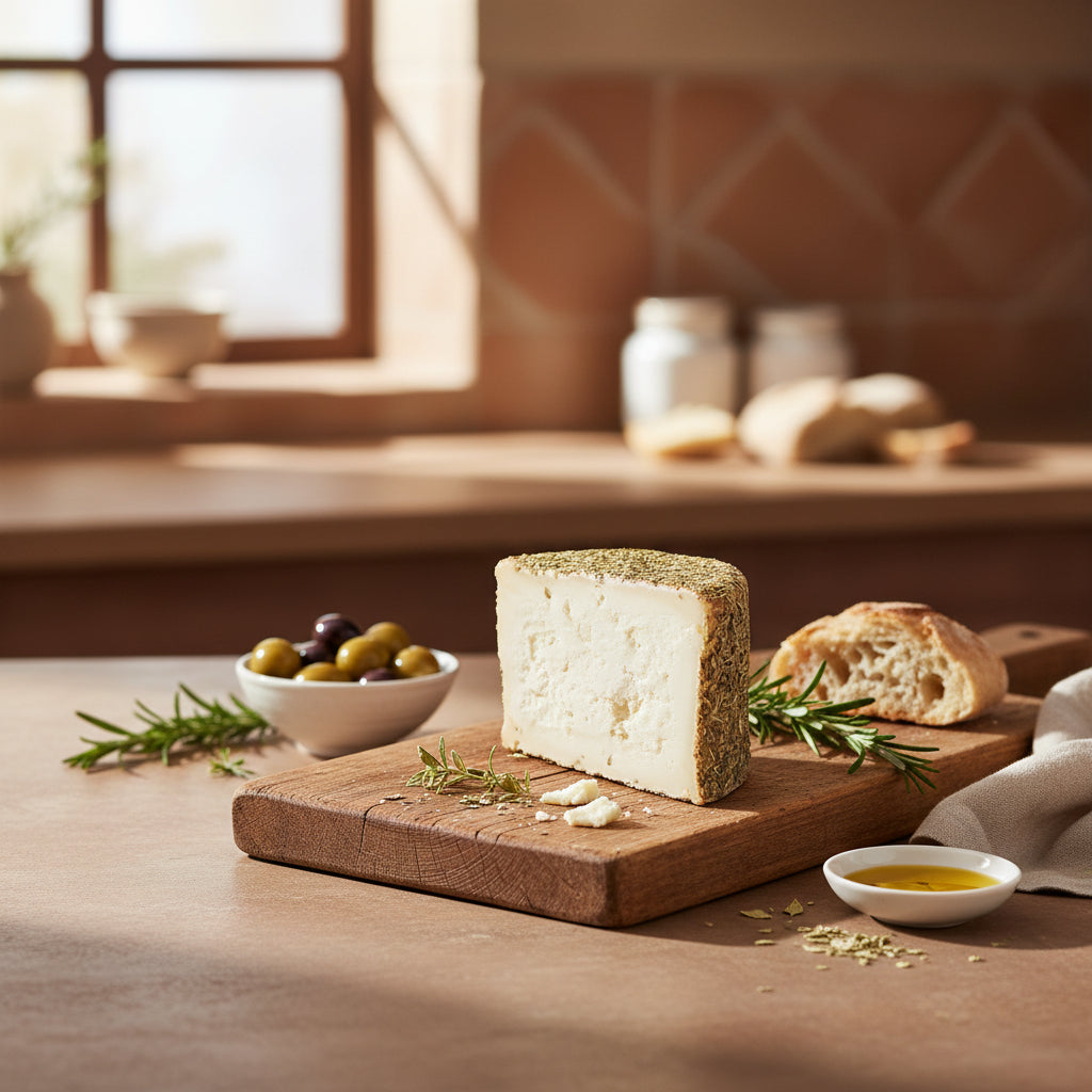 Slice of hard cheese with a greenish rind on a white background