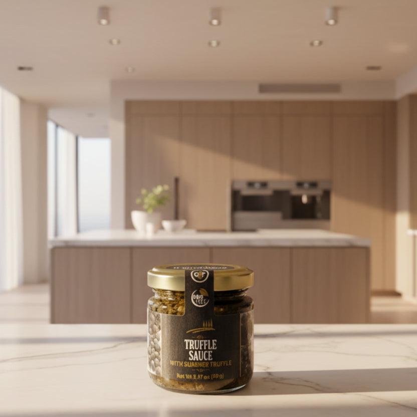 Jar of truffle sauce with a black label