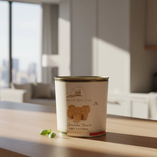 Can of Sogno Toscano Artichoke Hearts on a speckled surface