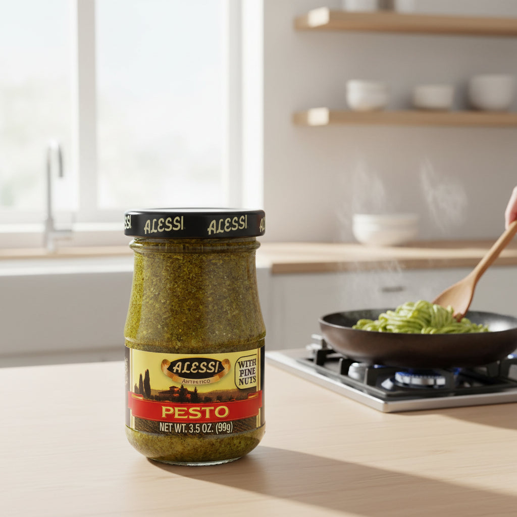 Jar of Alessi pesto with pine nuts on a white background