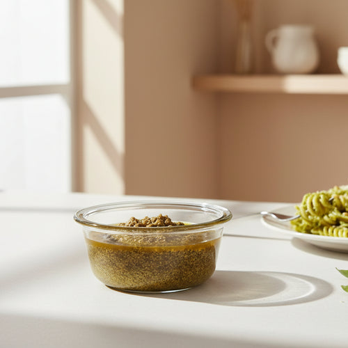 Glass bowl with pesto sauce