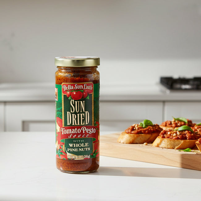 Jar of Bella Sun Luci sun-dried tomato pesto sauce with a green label on a white background