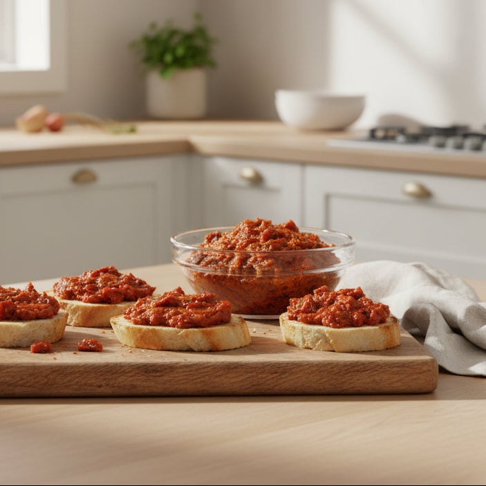 Glass bowl filled with a red dried tomato spreadable on a white background