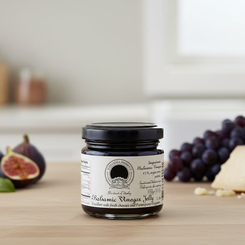 Jar of balsamic vinegar jelly with a black lid on a white background